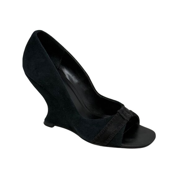 White House Black Market Vidal Black Suede Open Toe Curved Wedge Heels Size 6 - Picture 1 of 12